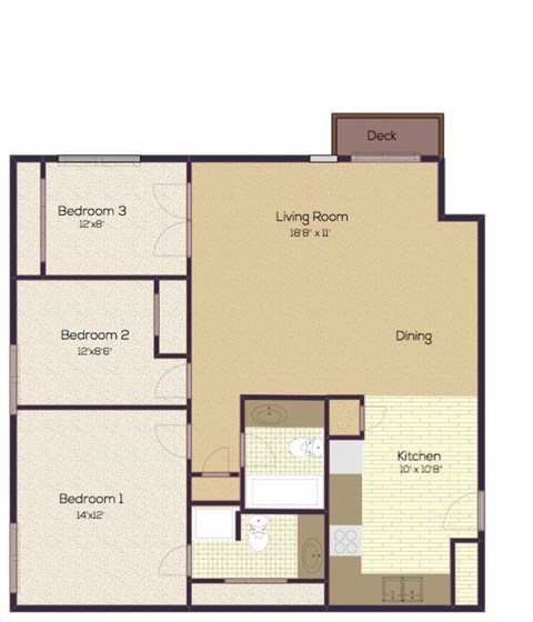 A floor plan of a house with three bedrooms, a living room, a dining area, and a kitchen.